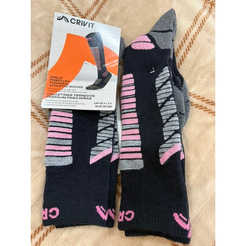 Crivit Girls Premium Thermal Athletic Socks Black Pink Grey US 13Y 1Y Wool Ski